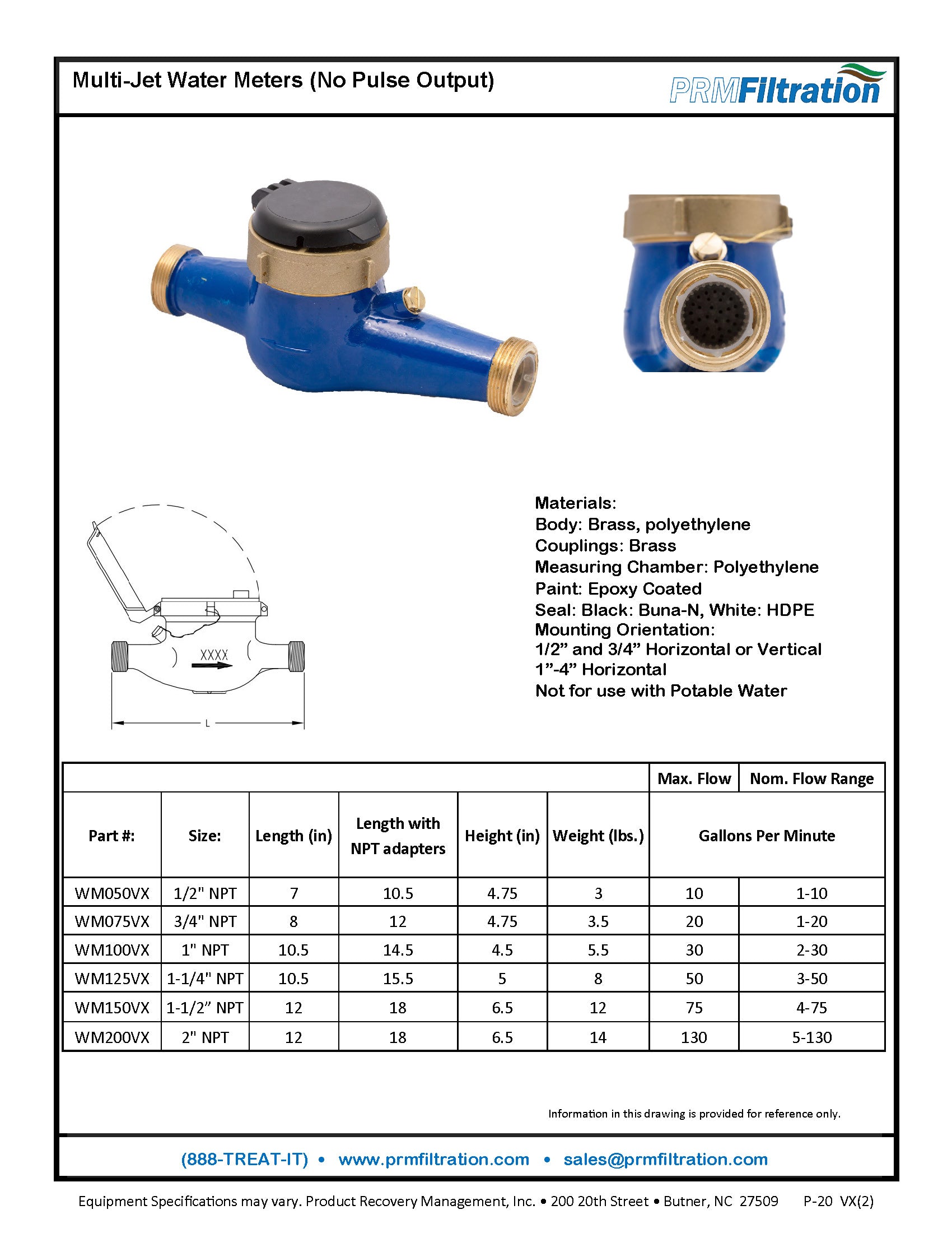 PRM 3/4 Inch Multi-Jet Brass Totalizing Water Meter