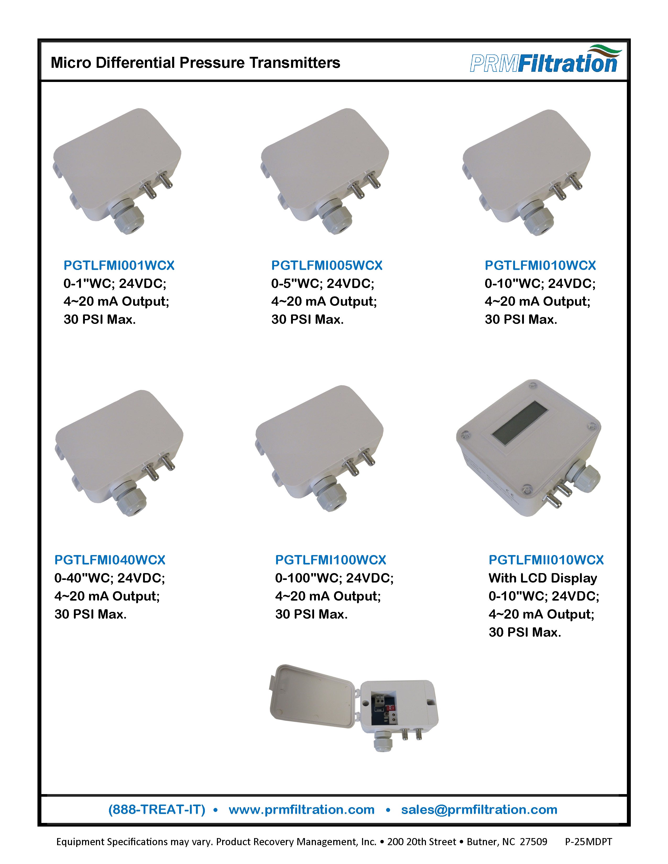 PRM Micro Differential Pressure Transmitter, 0-5"WC, 4~20mA, 24 VDC