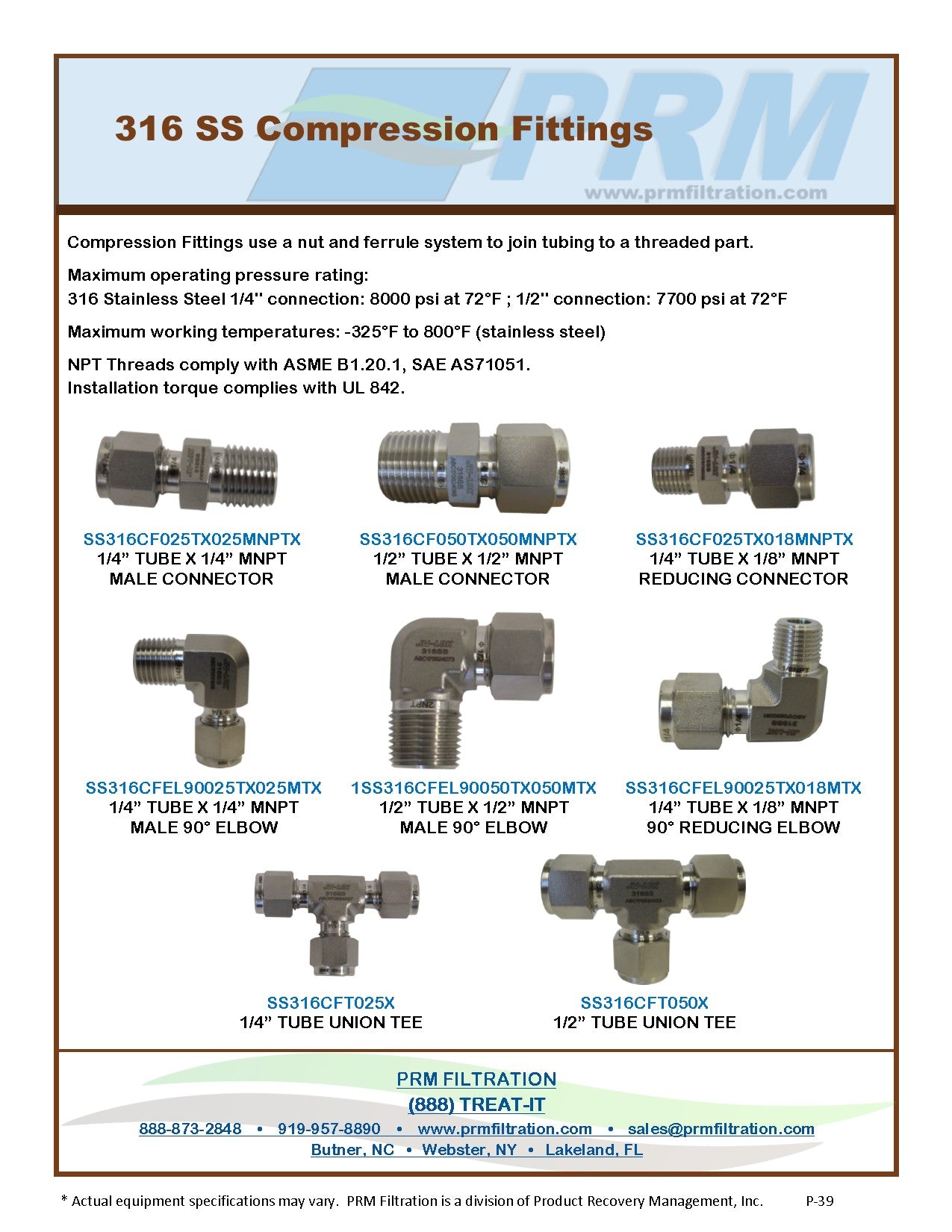 316 SS Compression Fitting, 1/4 Inch Tube X 1/8 Inch MNPT 90 Degree Elbow