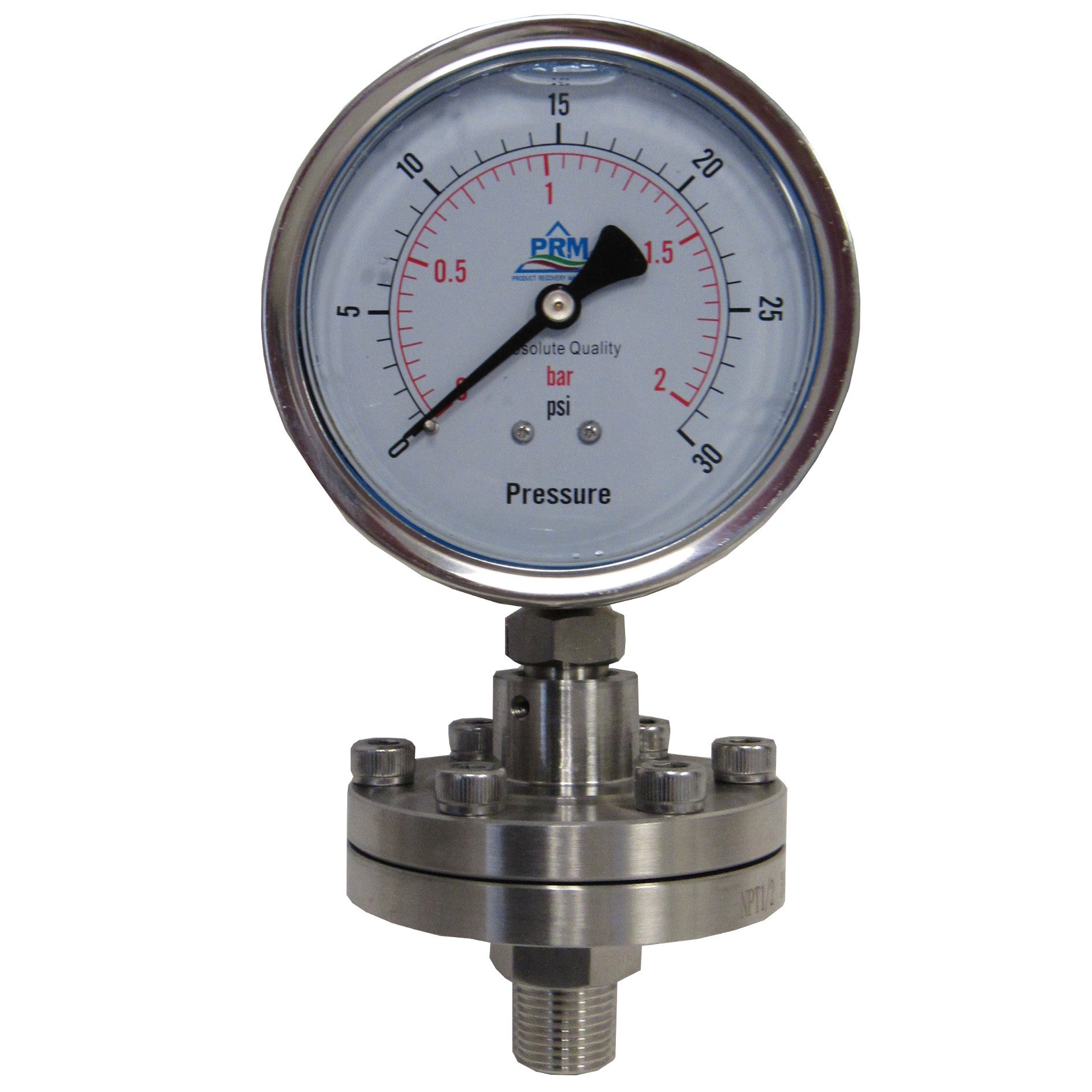 PRM 304 Stainless Steel Pressure Gauge with Stainless Steel Internals and Diaphragm Protector, 0-30 PSI, 4 Inch Dial, 1/2 Inch NPT Bottom Mount