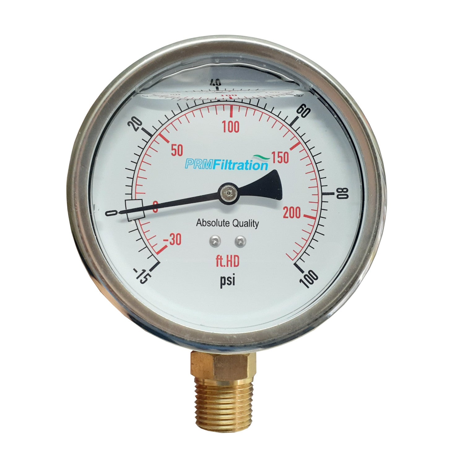 PRM 304 Stainless Steel 4 Inch Compound Gauge with Brass Internals, -15 to 100 PSIG, 1/2 Inch NPT Bottom Mount