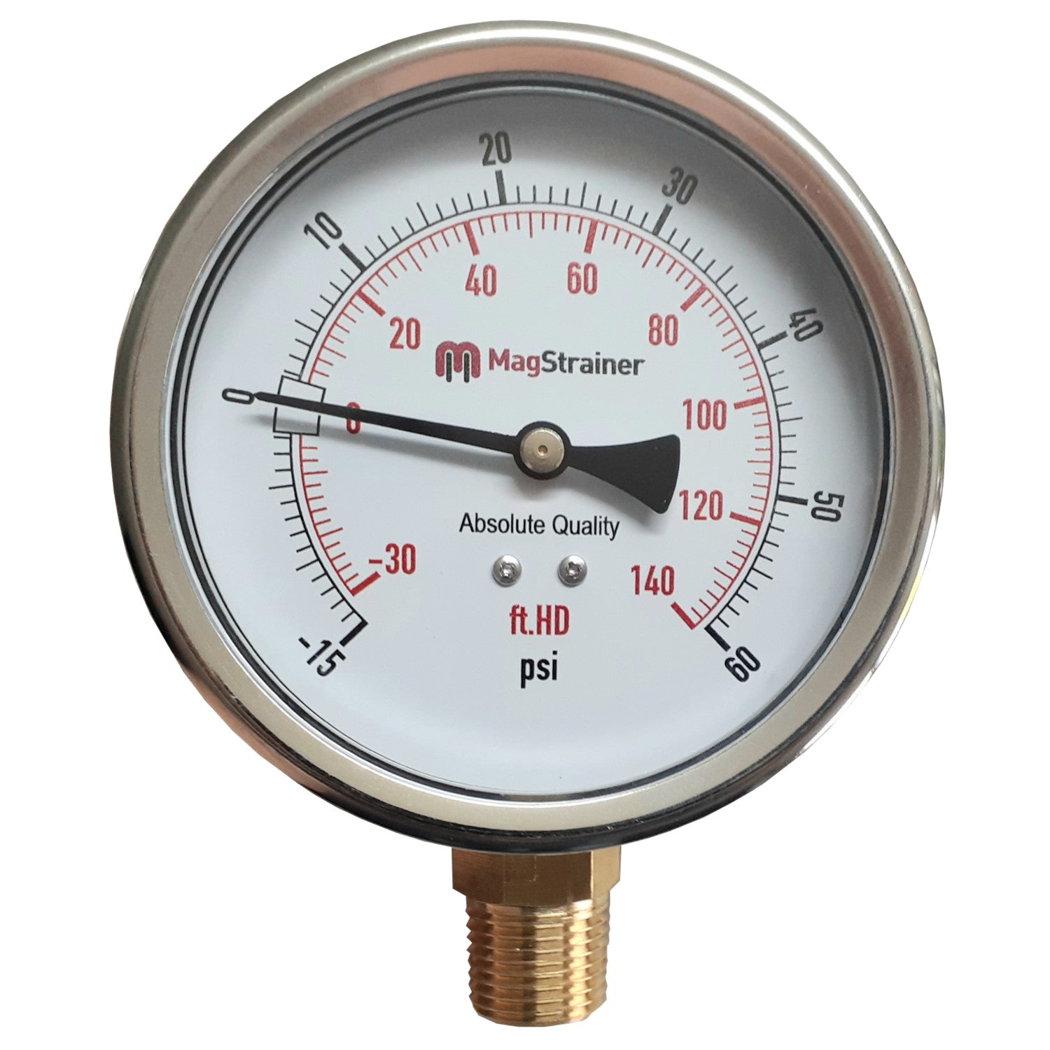 4 Inch Compound Gauge, -15 to 60 psi, -30 to 140 ft.HD, 304 Stainless Steel with Brass Internals