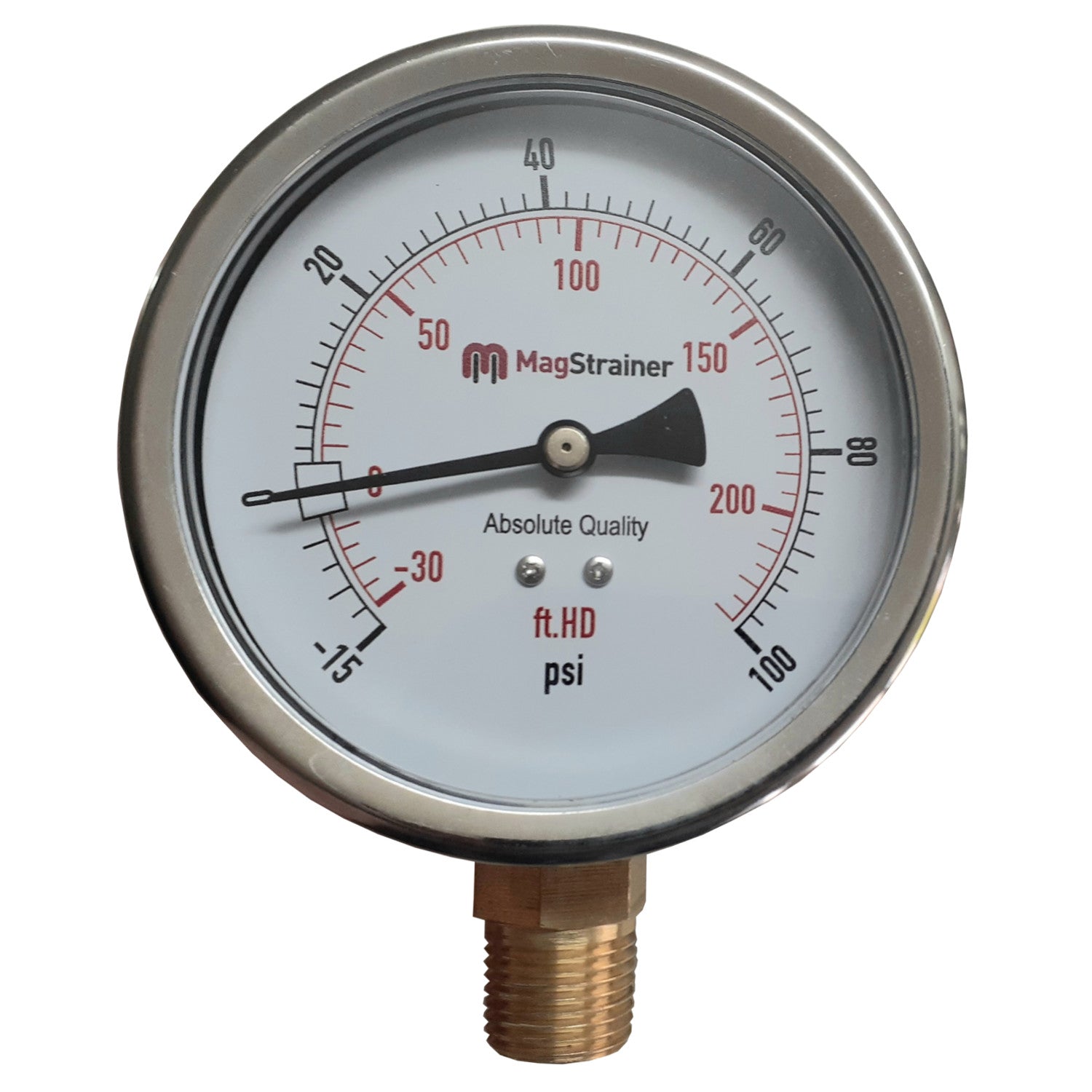 4 Inch Compound Gauge, -15 to 100 psi, -30 to 200 ft.HD, 304 Stainless Steel with Brass Internals