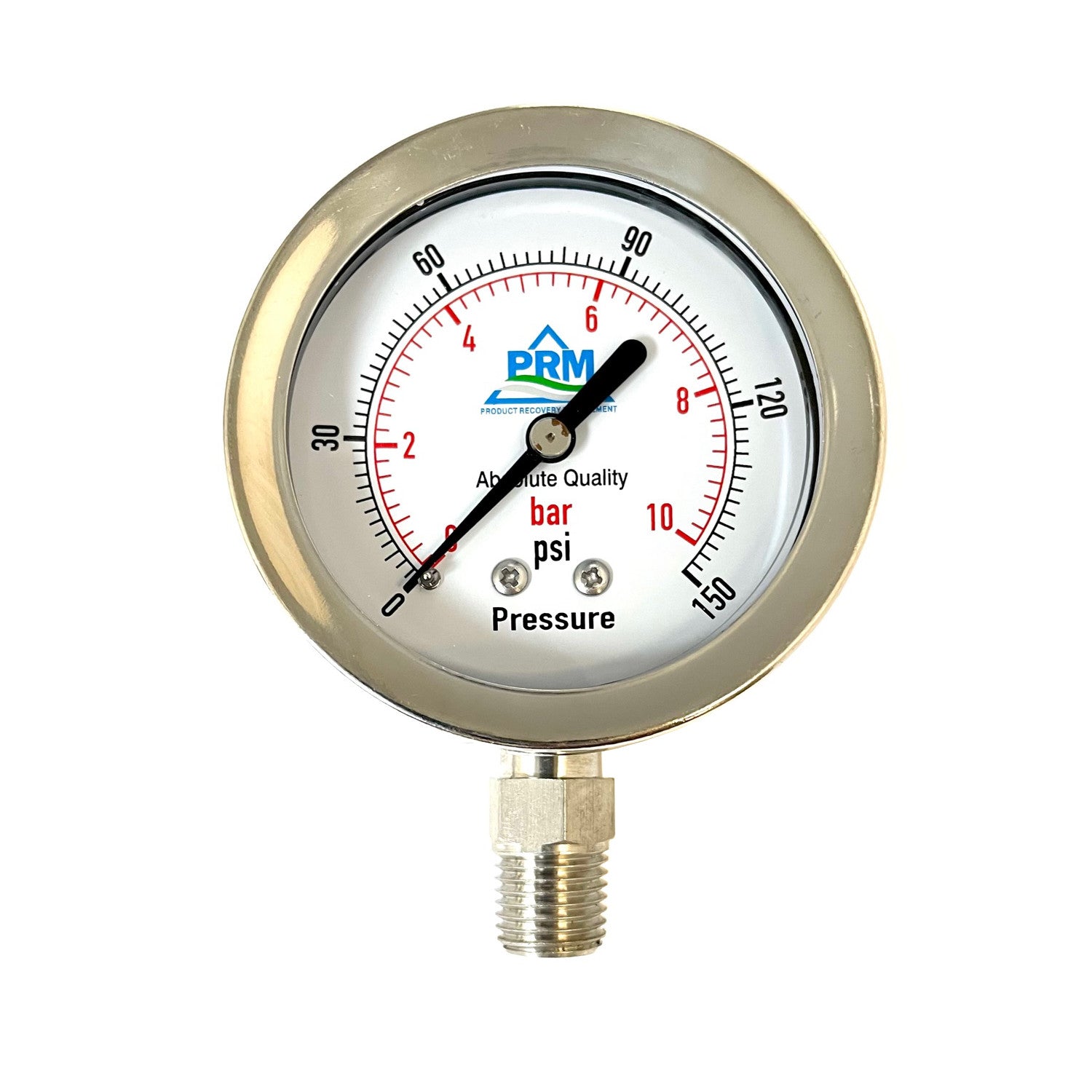 PRM 304 Stainless Steel Pressure Gauge with Stainless Steel Internals, 0-150 PSI, 2-1/2 Inch Dial, 1/4 Inch NPT Bottom Mount
