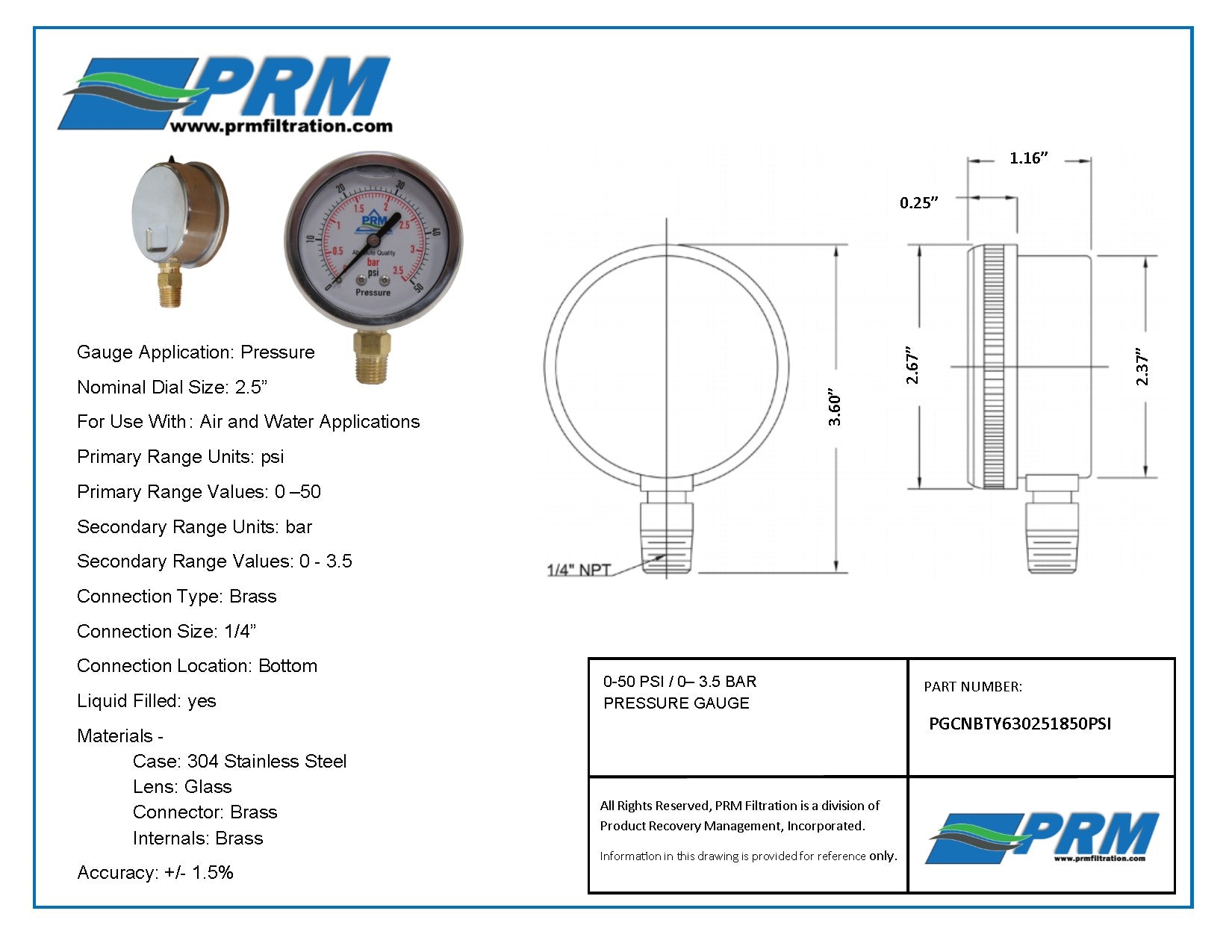 PRM 304 Stainless Steel Pressure Gauge with Brass Internals, 0-50 PSI, 2-1/2 Inch Dial, 1/4 Inch NPT Bottom Mount