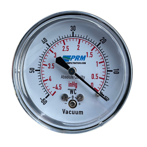 PRM Vacuum Gauge 0 to -60”WC / 0 to -4 inHg, 2.5 Inch Chrome Case, Brass Internals 1/4 Inch NPT Back Mount, Dry Gauge