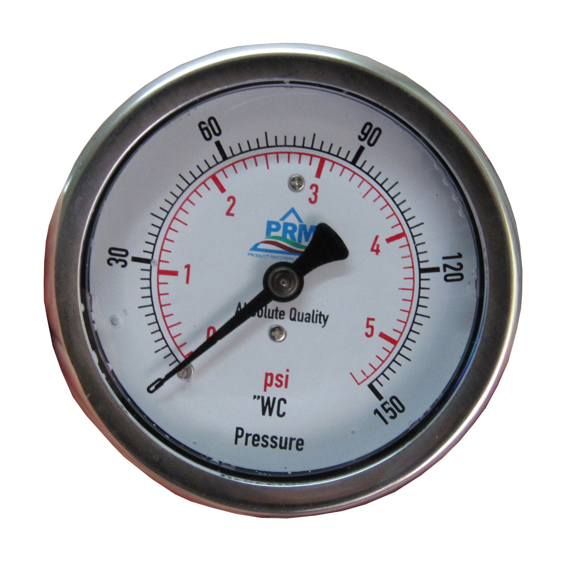 PRM 304 Stainless Steel Pressure Gauge with Brass Internals, 0-150"WC, 2-1/2 Inch Dial, 1/4" NPT Back Mount