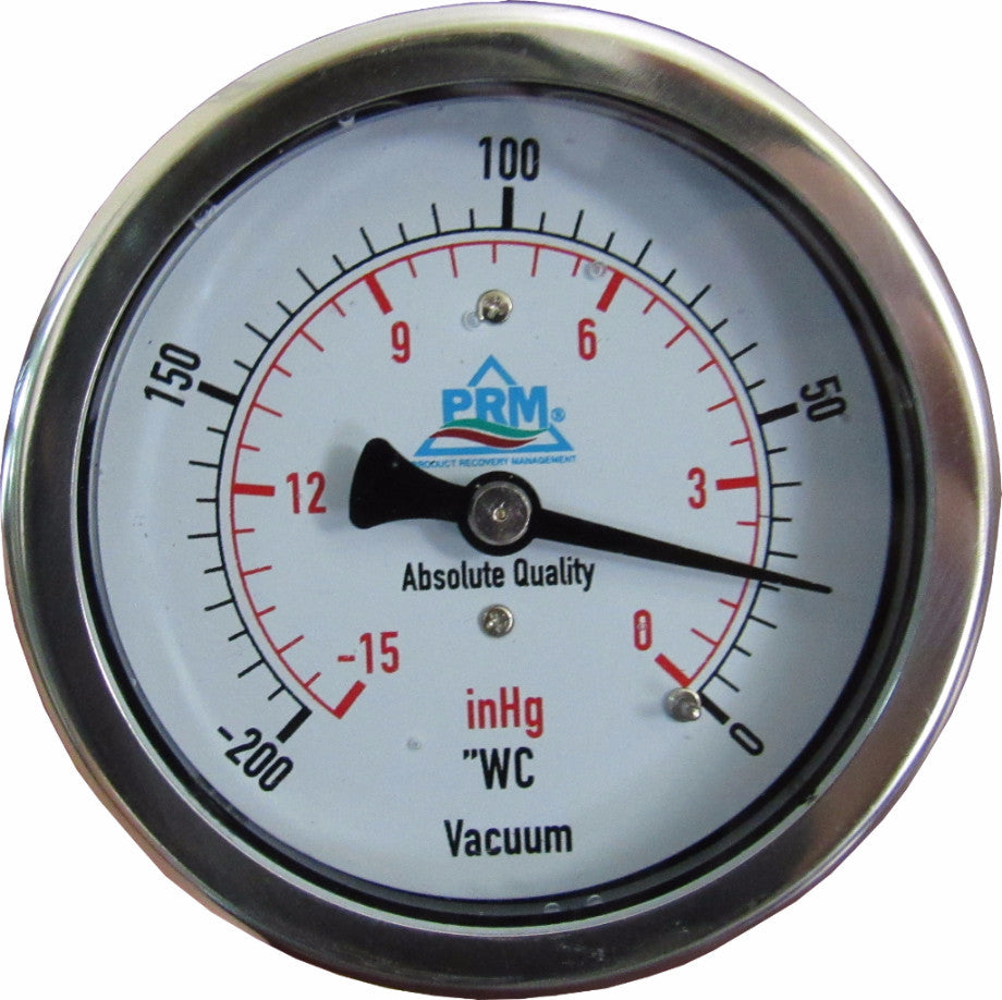 PRM Vacuum Gauge 0 to -200"WC / 0 to -15 inHg, 2.5 Inch Stainless Steel Case, Brass Internals 1/4 Inch NPT Back Mount, Liquid Filled
