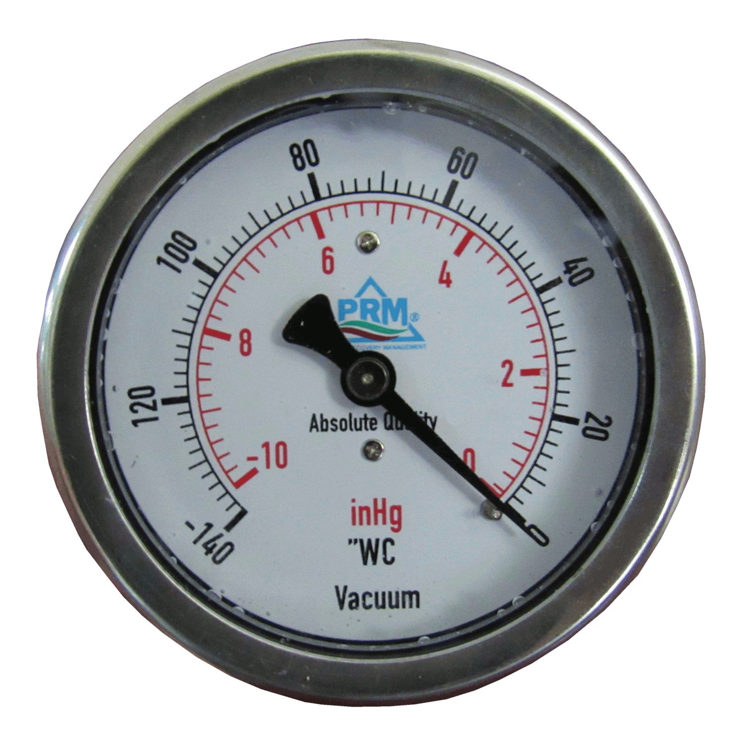 PRM Vacuum Gauge 0 to -10 inHg / 0 to -140"WC, 2.5 Inch Stainless Steel Case, Brass Internals 1/4 Inch NPT Back Mount, Liquid Filled