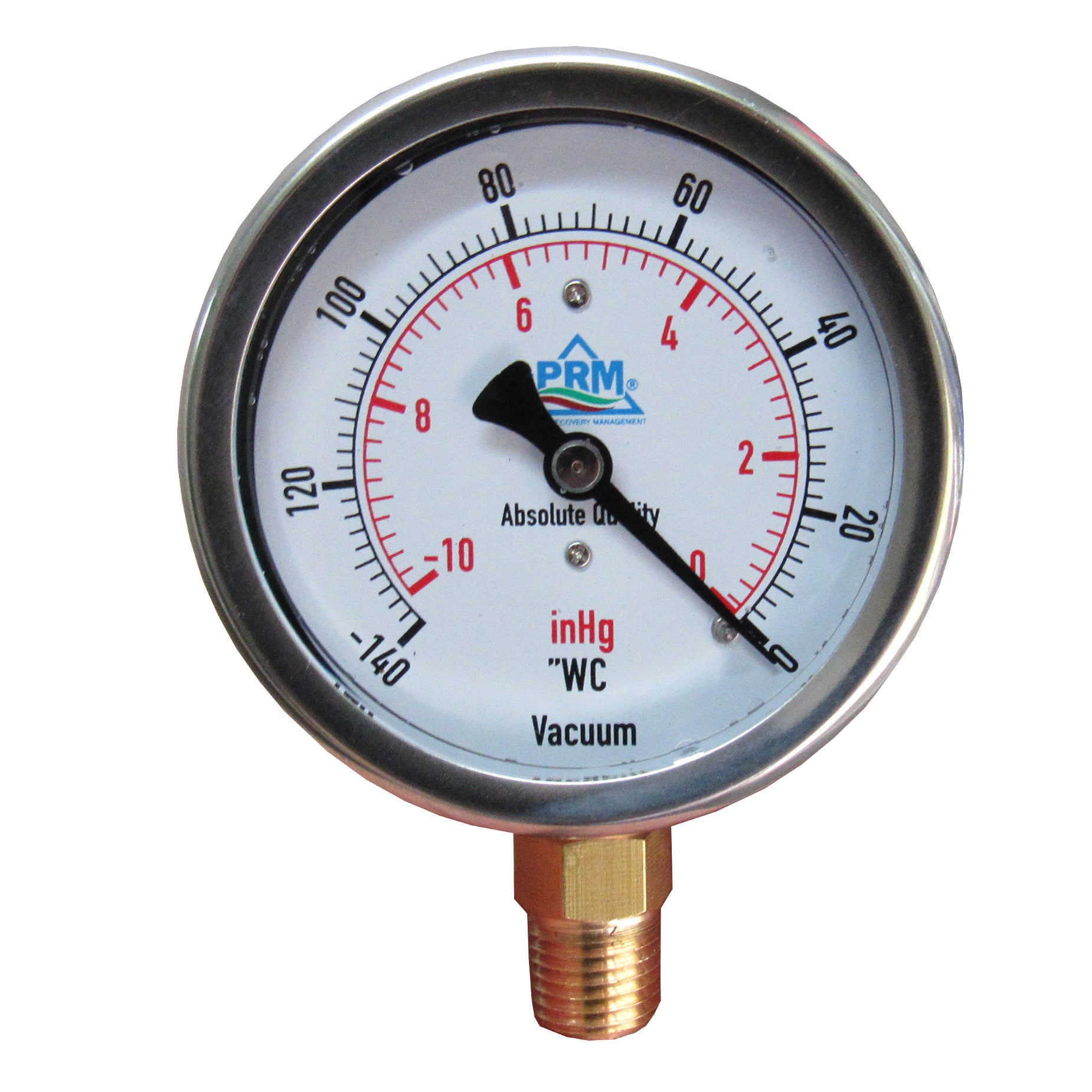 PRM Vacuum Gauge 0 to -10 inHg / 0 to -140"WC, 2.5 Inch Stainless Steel Case, Brass Internals 1/4 Inch NPT Bottom Mount, Liquid Filled