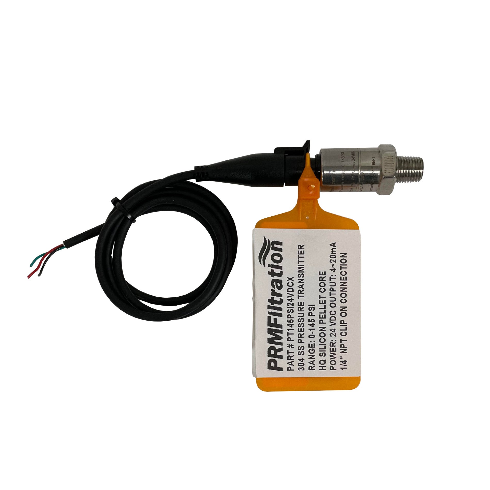 PRM Pressure Transmitter, 0-145 PSI, 304 SS Case, 1/4 Inch NPT Connection, 24 VDC, 4~20mA