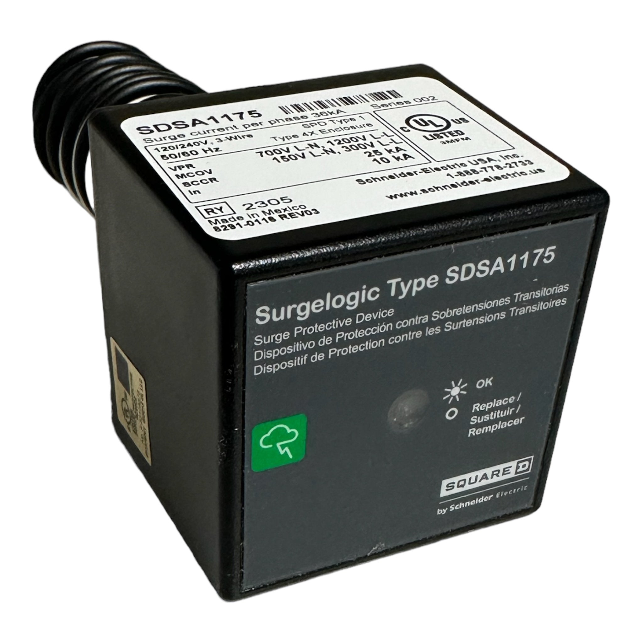 Square D SDSA1175 Surge protection device, Surgelogic, 36kA, 120/240 VAC, 1 phase, 3 wire, 25kA SCCR, NEMA 4X