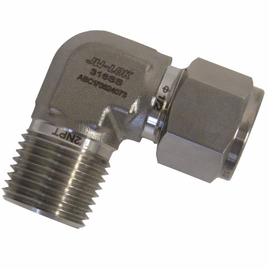 316 SS Compression Fitting, 1/2 Inch Tube X 1/2 Inch MNPT 90 Degree Elbow