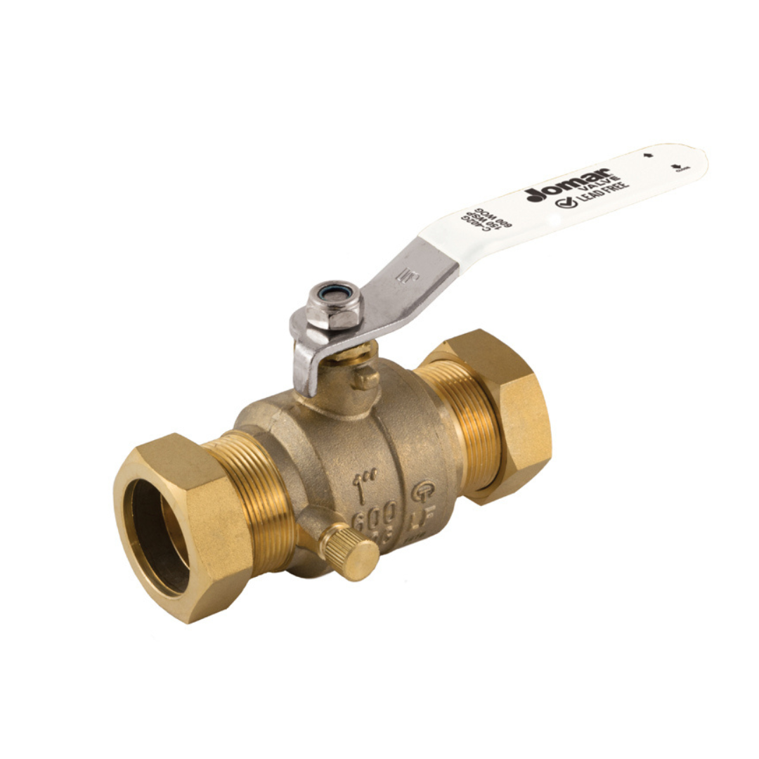 Jomar 102-654G 3/4 Inch Lead Free Brass Ball Valve, 2 Piece, Full Port, Compression Connection, Stainless Ball & Stem, with Drain, 600 WOG - Carton of 10