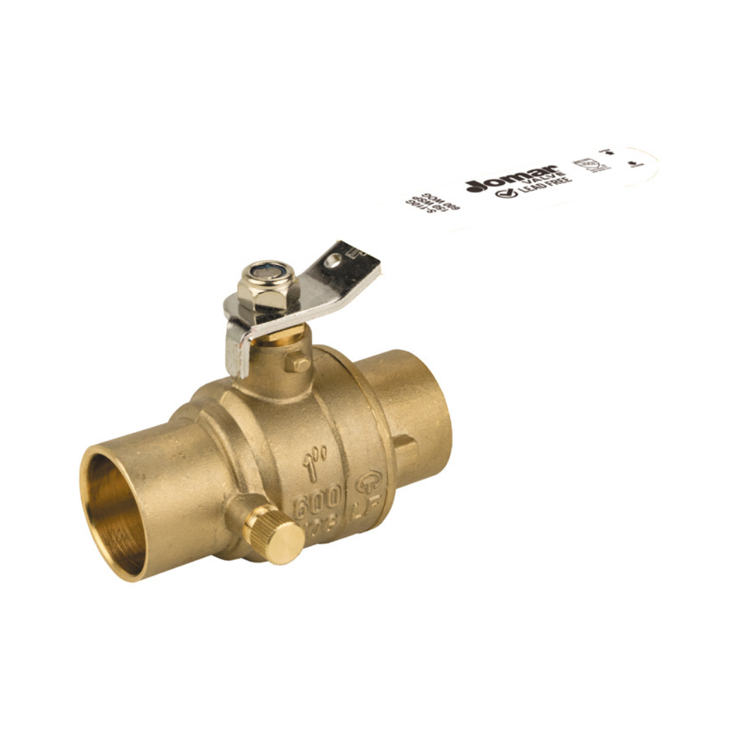 Jomar 100-643G 1/2 Inch Lead Free Brass Ball Valve, 2 Piece, Full Port, Solder Connection, Stainless Ball & Stem, with Drain, 600 WOG - Carton of 10