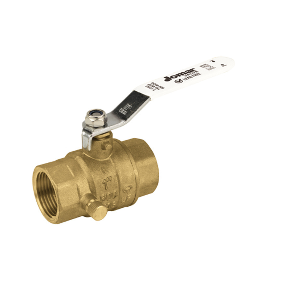Jomar 100-633G 1/2 Inch Lead Free Brass Ball Valve, 2 Piece, Full Port, Threaded Connection, Stainless Ball & Stem, with Drain, 600 WOG - Carton of 10