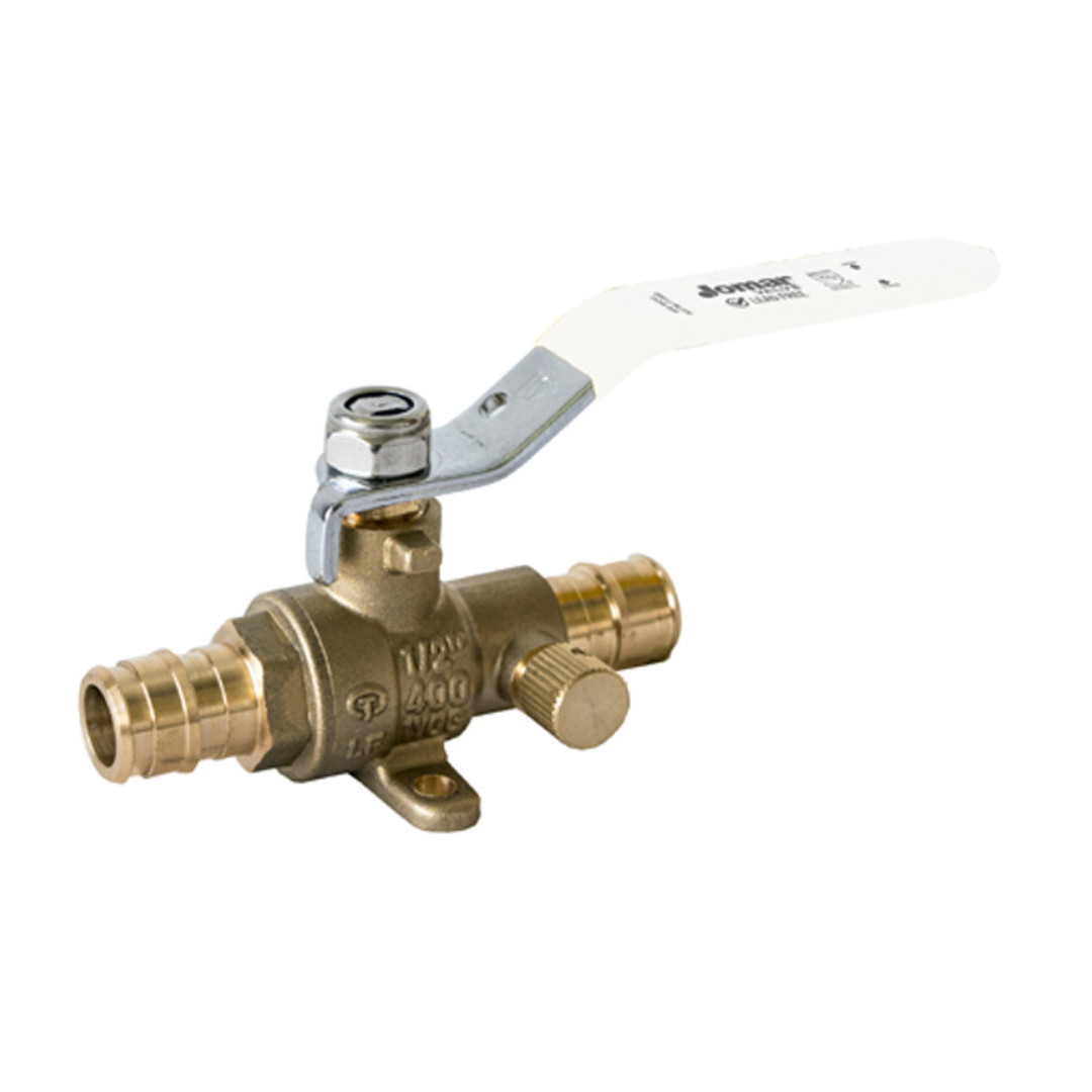 Jomar 104-545PG 1 Inch Lead Free Brass Ball Valve, 2 Piece, Standard Port, Expansion Pex Connection with Drain, Stainless Steel Trim, 400 WOG - Carton of 10