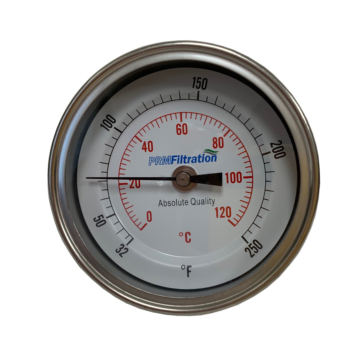PRM Temperature Gauge, 32-250°F / 0-120°C, 3 Inch Dial, 304 Stainless Steel Case & Stem, 1/2 Inch NPT Back Mount