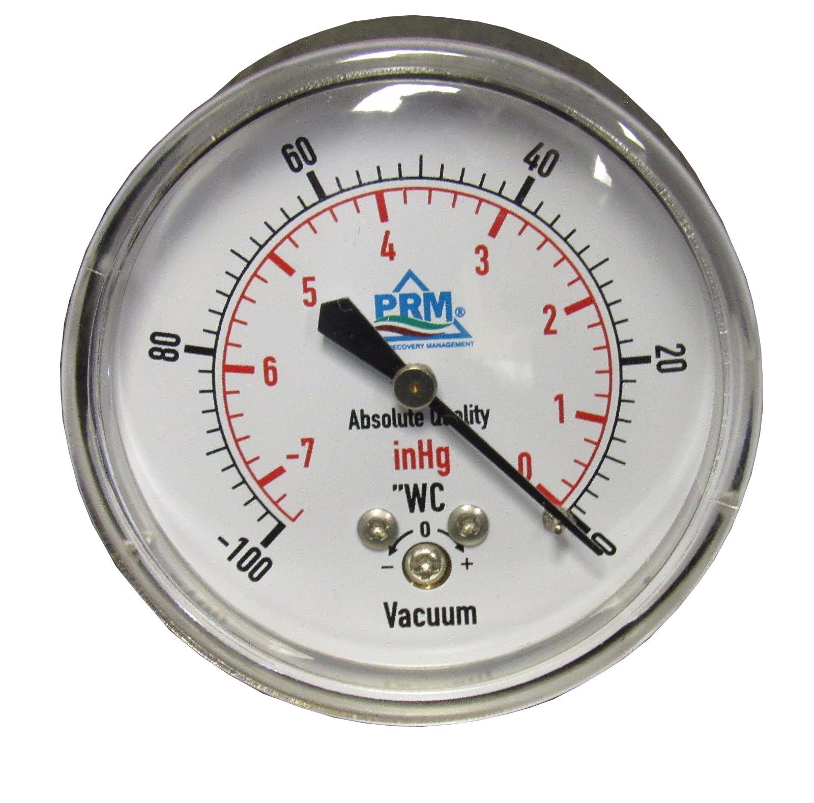 PRM Vacuum Gauge 0 to -100"WC / 0 to -7inHg, 2.5 Inch Chrome Case, Brass Internals 1/4 Inch NPT Back Mount, Dry Gauge