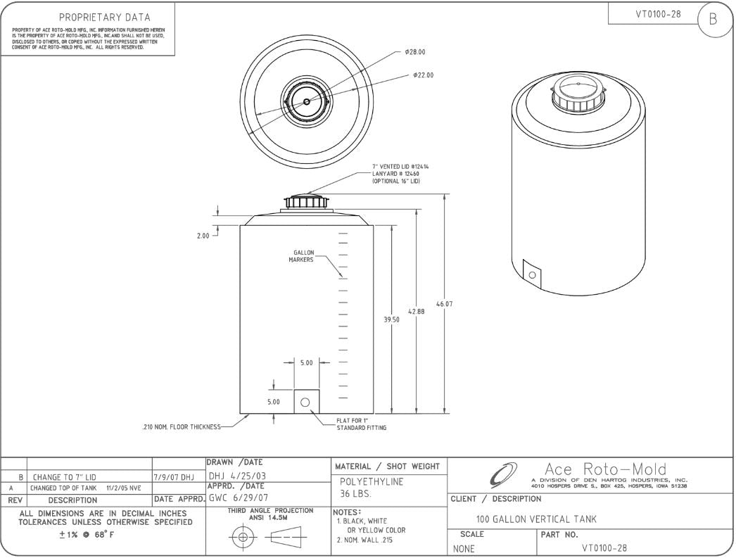 Ace Roto-Mold 100 Gallon Vertical Flat Bottom Tank, VT0100-28