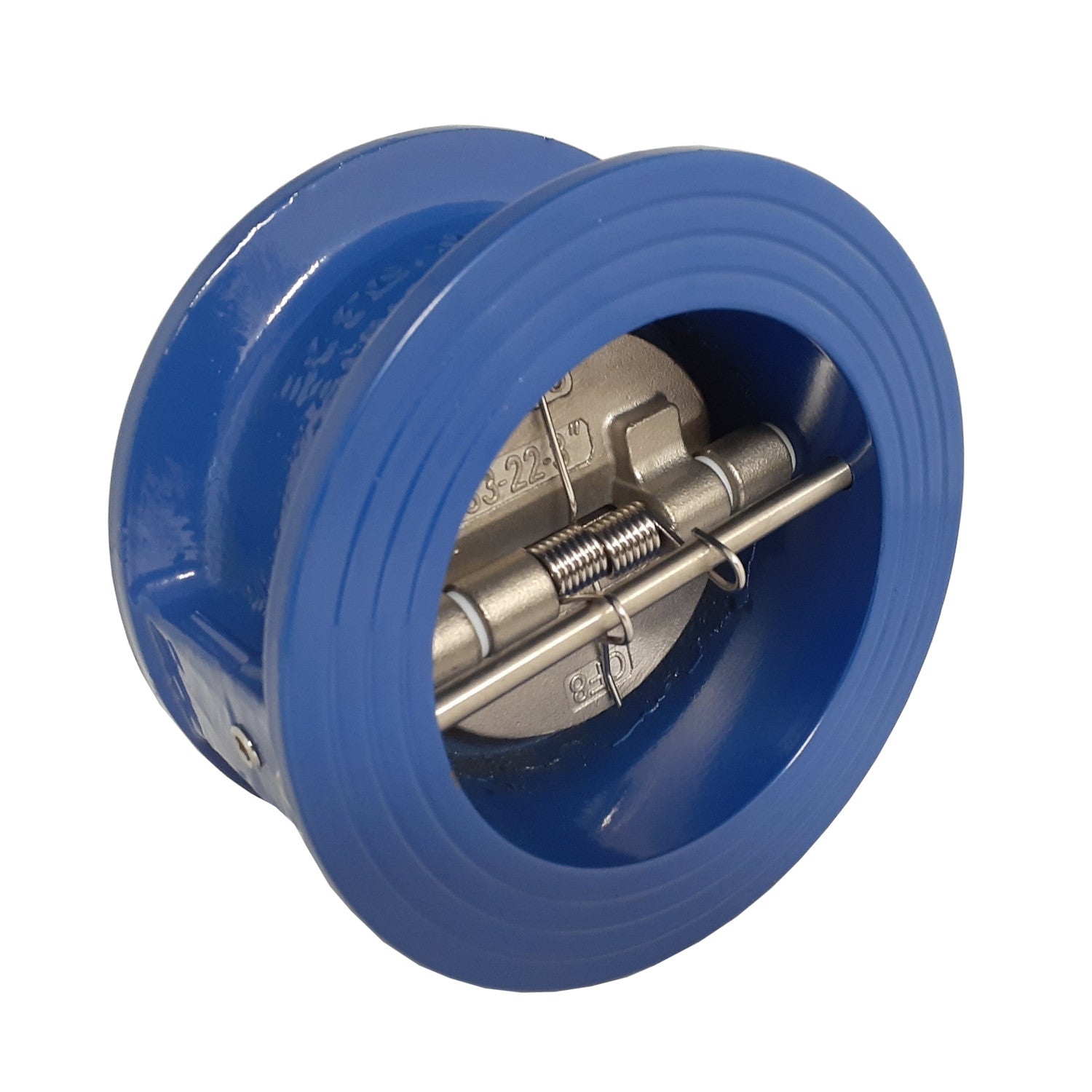 A 6 Inch Dual Plate Carbon Steel Wafer Style Check Valve with a Viton seat, featuring a blue body and ss internal components.