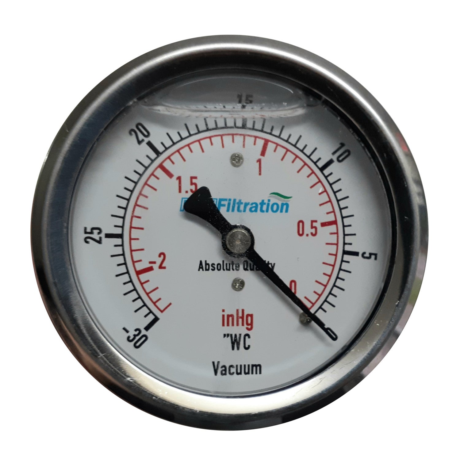 PRM Vacuum Gauge, 0 to -30"WC / 0 to -2 inHg, 2.5 Inch Stainless Steel Case, Brass Internals 1/4 Inch NPT Back Mount, Liquid Filled