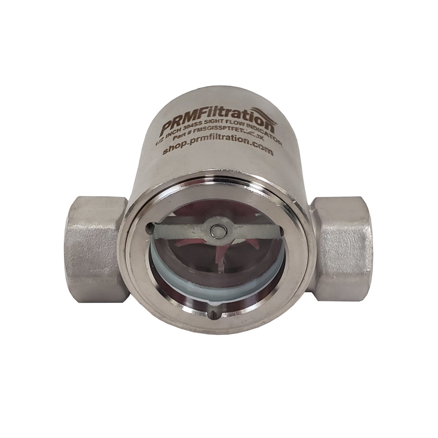 PRM Sight Flow Indicator, 1/2 Inch, 304 Stainless Steel, PTFE Seal and Impeller