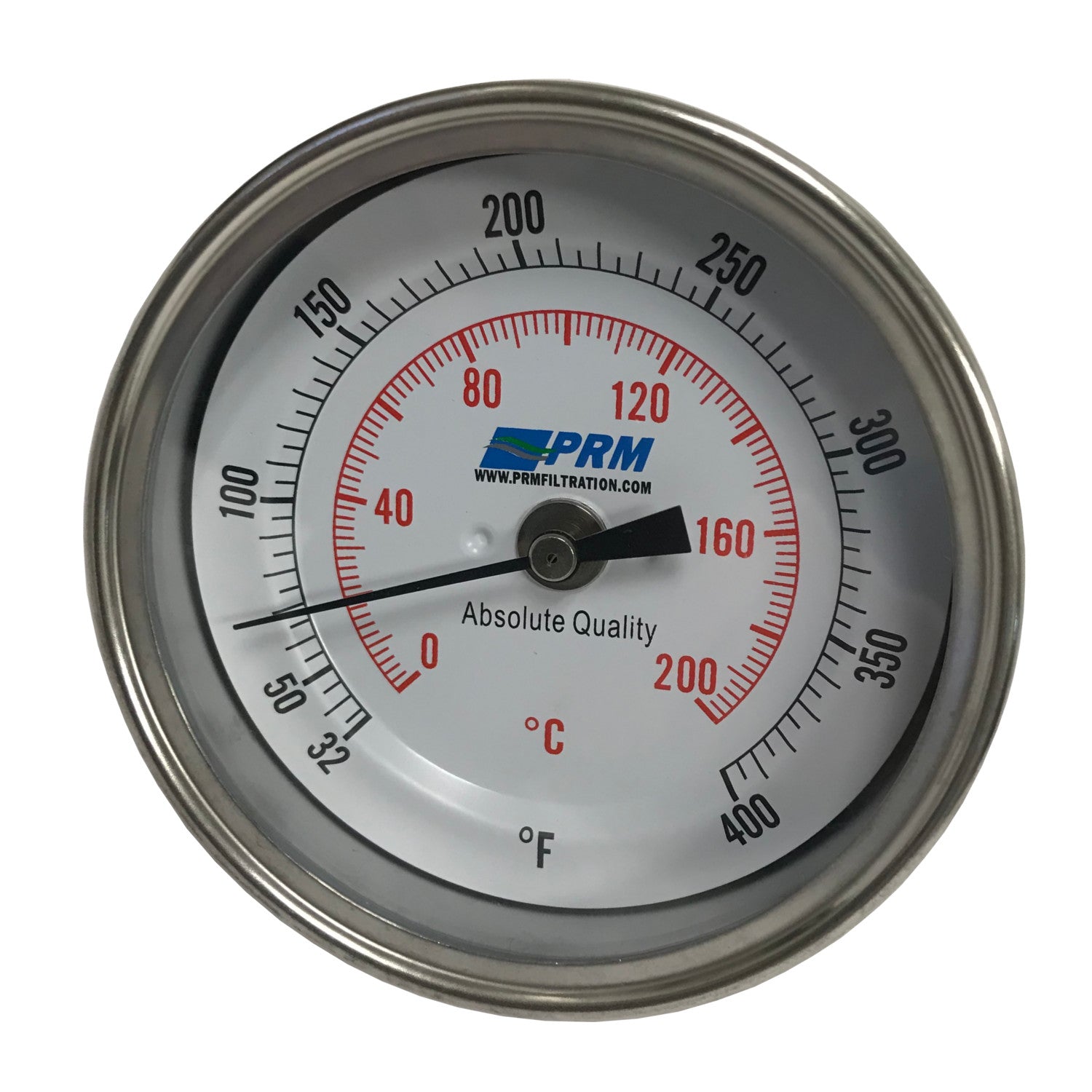 PRM Temperature Gauge, 32-400°F / 0-200°C, 3 Inch Dial, 304 Stainless Steel Case & Stem, 1/2 Inch NPT Back Mount
