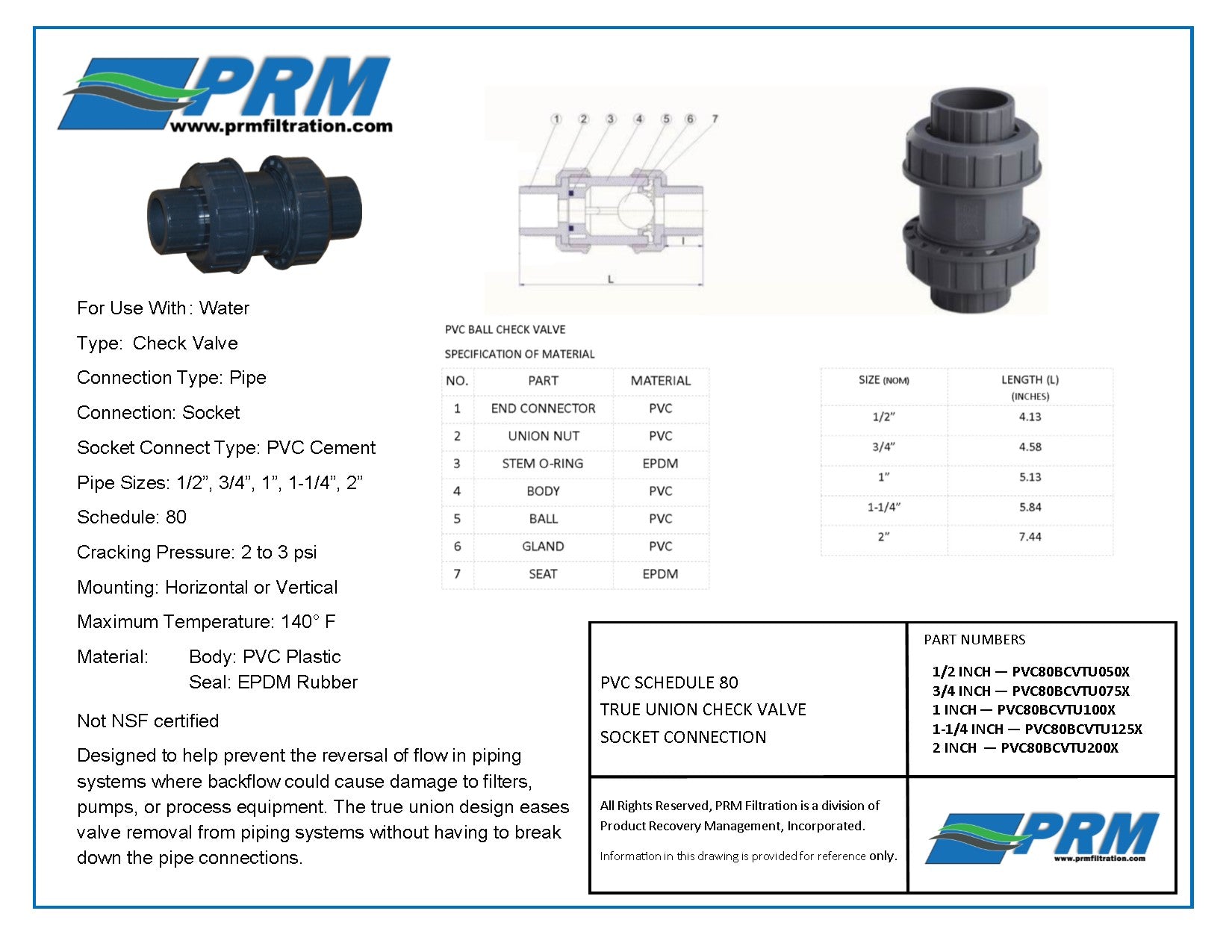 ERA Sch 80 PVC True Union Ball Check Valve - 1/2 Inch Socket Connection