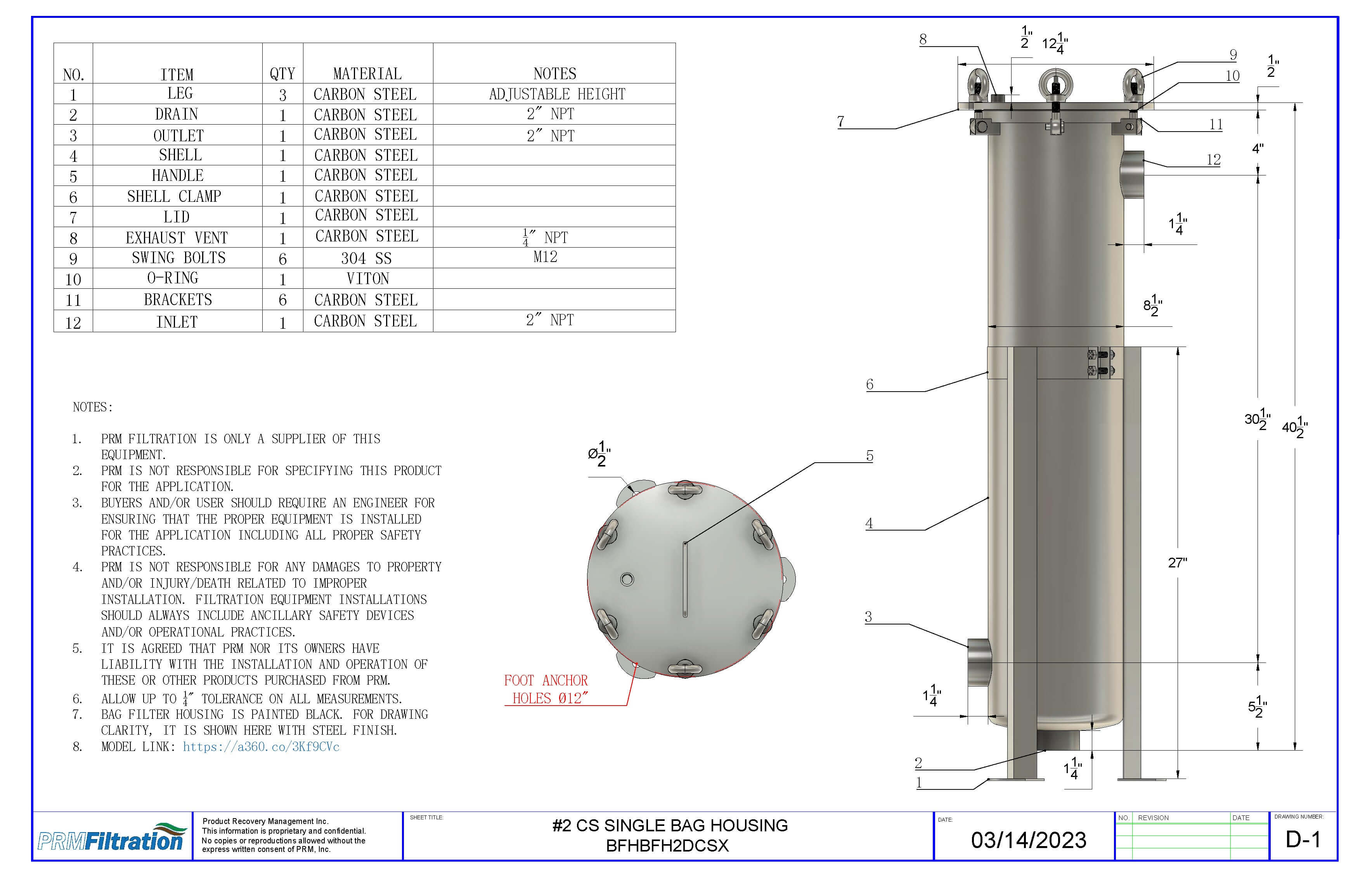 PRM #2 Carbon Steel Bag Filter Housing, 2 Inch NPT Inlet, Dual Side or Bottom 2 Inch NPT Outlet, 150 psi