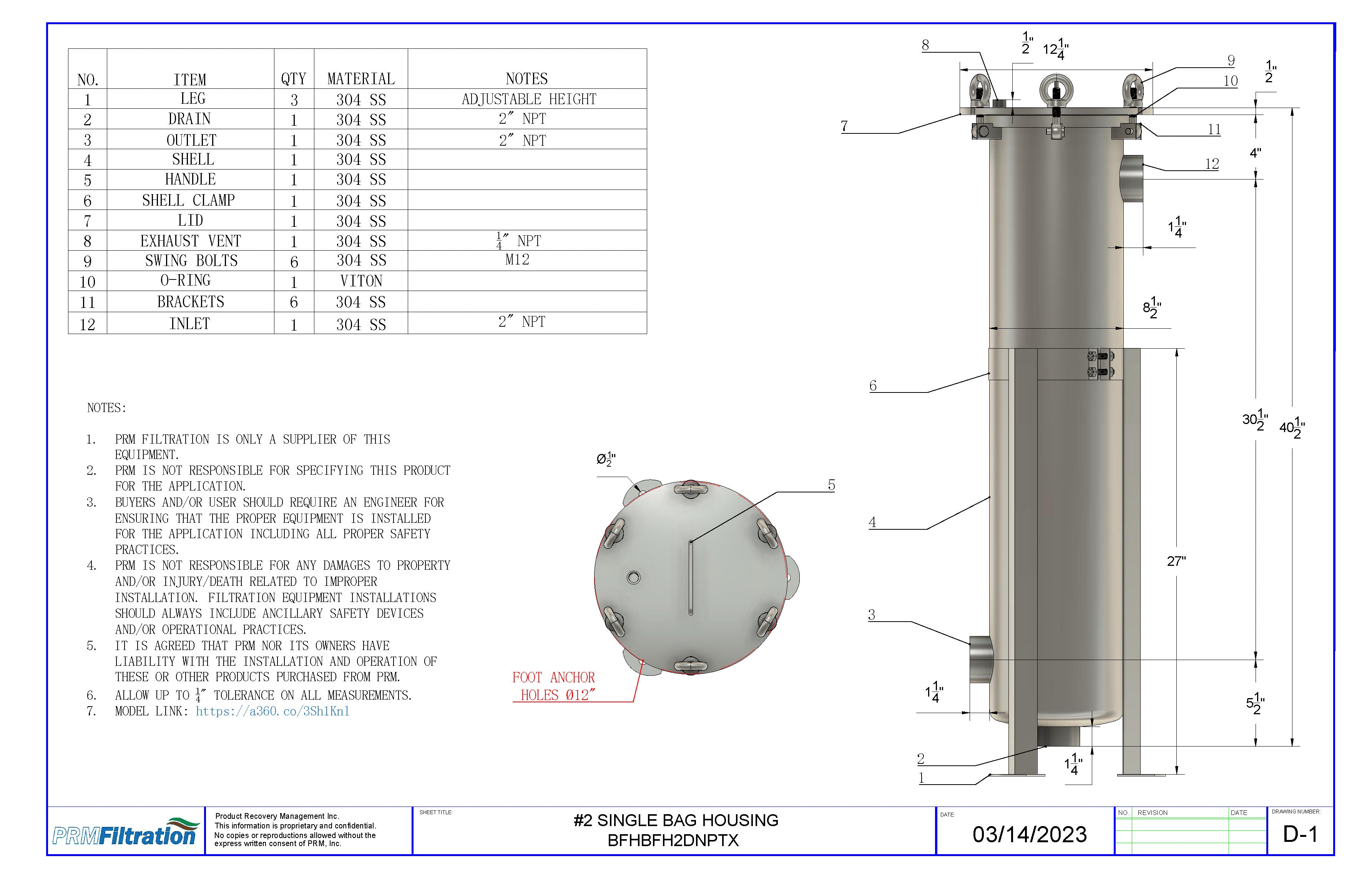 PRM #2 304 Stainless Steel Bag Filter Housing, 2 Inch NPT Inlet, Dual Side or Bottom 2 Inch NPT Outlet, 150 psi