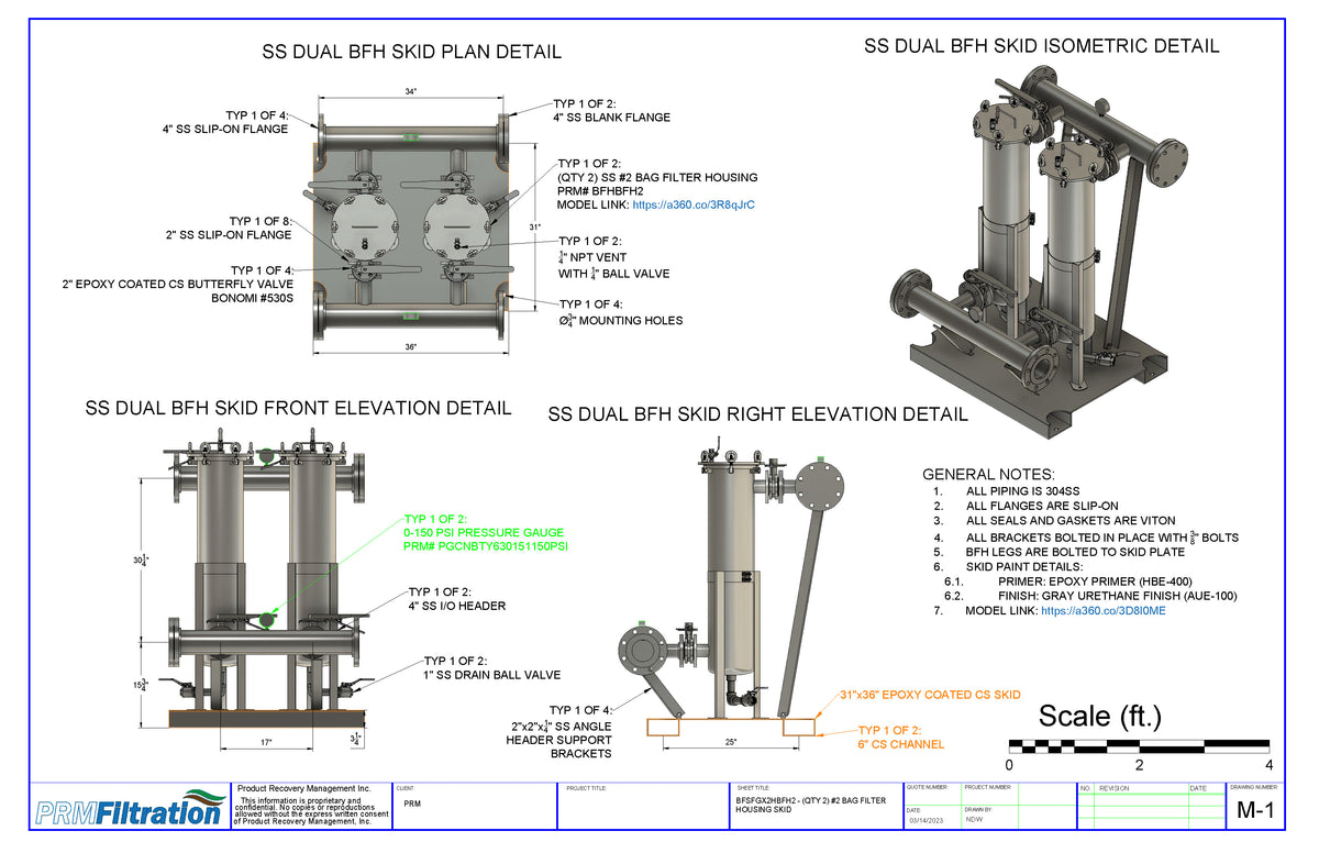 Filter Skid Dual Bag Filter Housing (2 Size) 2" Flange In/Out