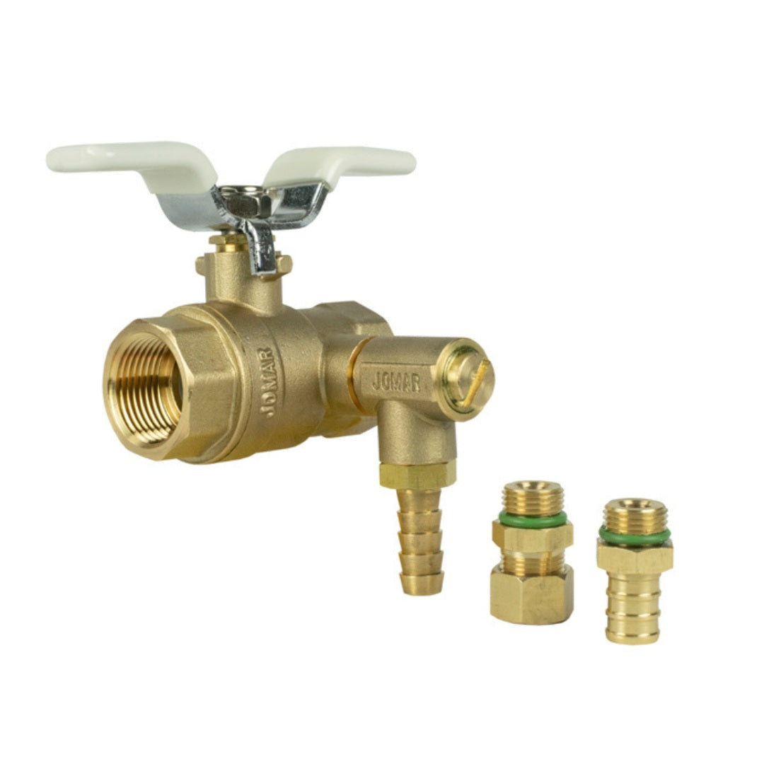 JF-100RVG NPT 3/4" Threaded Connection Lead Free Brass 2-Piece Ball Valve with Stainless Steel Trim and Thermal Expansion Relief with 3/8" Barb, 1/2" Pex, and 3/8" Compression Fittings