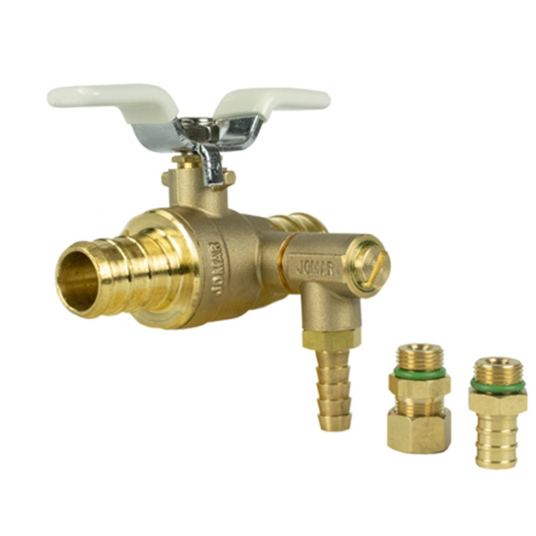 Jomar JF-100RVG 3/4" Crimp Pex Connection Lead Free Brass 2-Piece Ball Valve with Stainless Steel Trim & Thermal Expansion Relief Valve with 3/8" Barb, 1/2" Pex, and 3/8" Compression Fittings