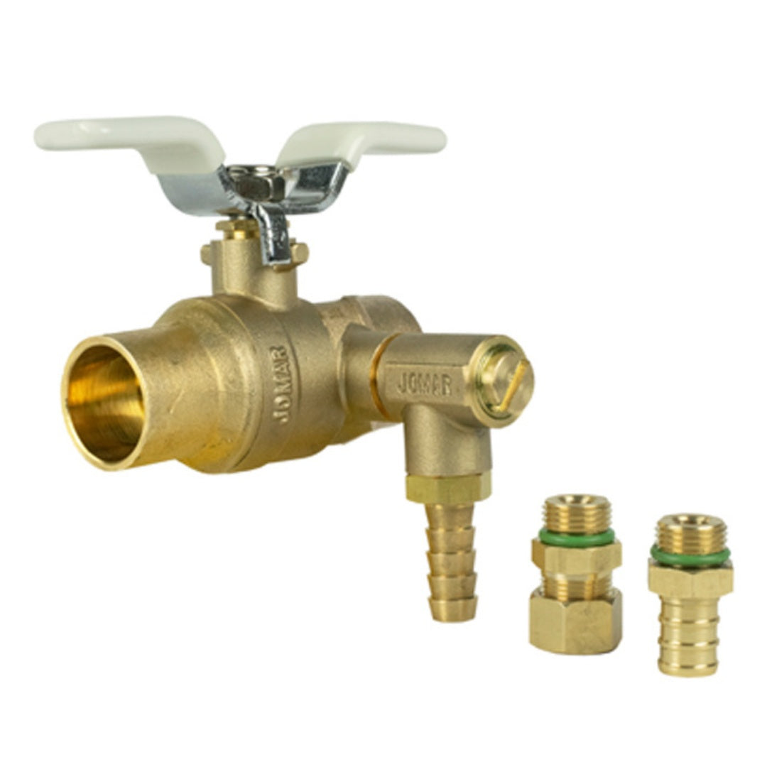 Jomar JF-100RVG SWT 3/4" Solder Connection Lead Free Brass 2-Piece Ball Valves with Stainless Steel Trim & Thermal Expansion Relief with 3/8" Barb, 1/2" Pex, and 3/8" Compression Fittings