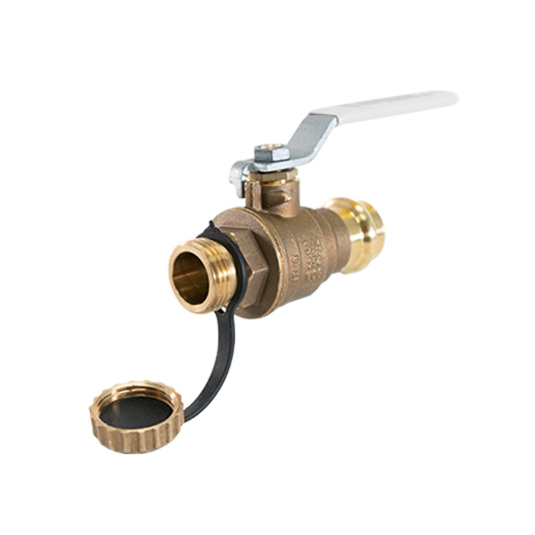 Jomar JP-100HCG Press x Hose Connection Lead Free Brass 2-Piece Ball Valve with Lever Handle and Strapped Cap
