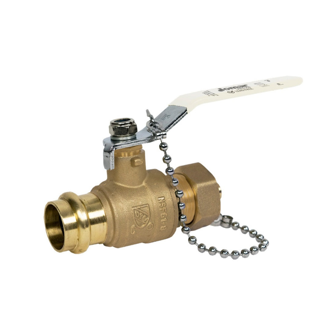 Jomar P-100HPG Press x Hose Connection Lead Free Brass 2-Piece Ball Valve with Lever Handle, Stainless Steel Trim, Chain and Cap