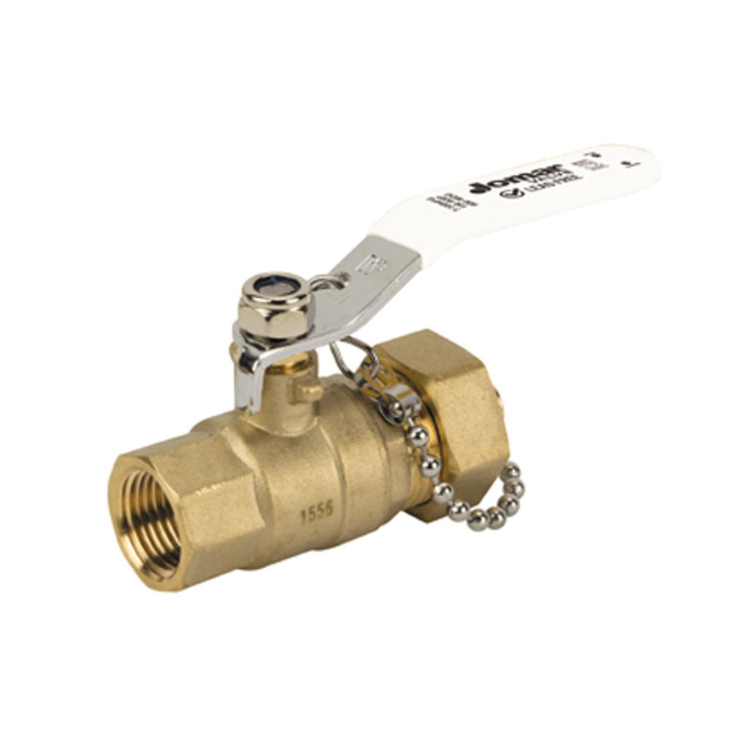 Jomar T-100HFG  Threaded x Hose Connection Lead Free Brass 2-Piece Ball Valve with Lever Handle, Chained Cap and Stainless Steel Trim