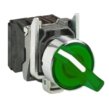 Schneider XB4BK123G5 2 Position Illuminated Selector Switch, Harmony XB4, Metal, Green Handle, 22mm, Universal Led, 1no+1nc, 120vac