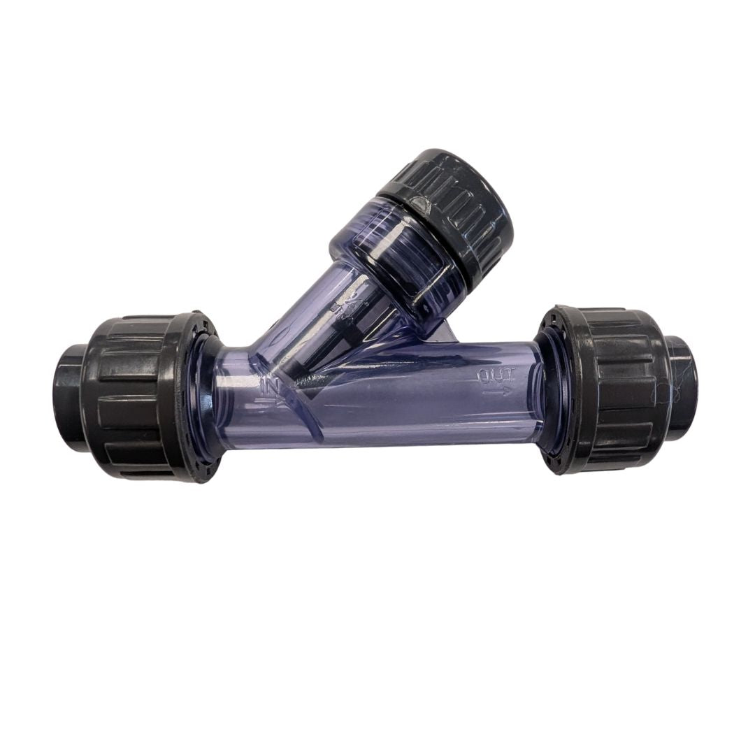 Sch 80 Clear PVC 1/2 Inch True Union Y Strainer with Socket Ends