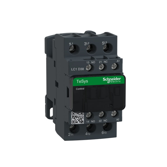 Schneider LC1D38G7 3NO IEC Contactor, TeSys Deca, 38A, 3 Phase, 120 VAC 50/60Hz Coil, Non-Reversing, Screw Clamp Terminals