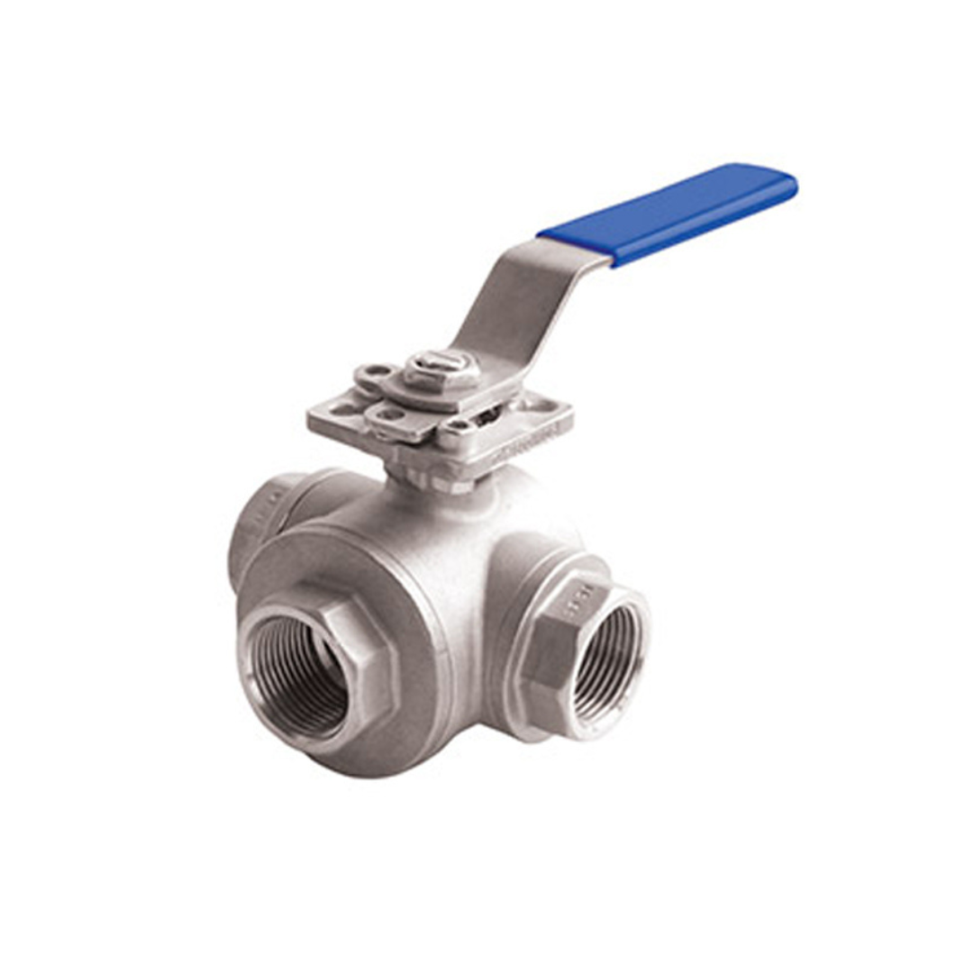 Jomar A850T-114 1-1/4 Inch Stainless Steel Direct Mount Ball Valve, 3-Way, Full Port, T-Port, Threaded Connection, ISO Mounting Pad, 1000 WOG