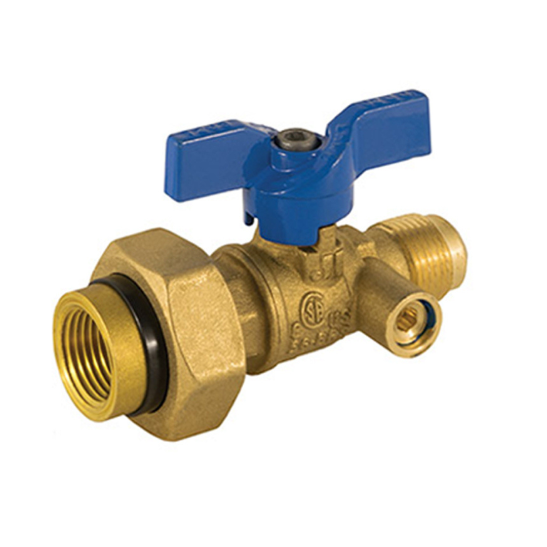 Jomar 102-413DU 1/2 Inch FL x 1/2 Inch FIP 2 Piece Gas Ball Valve, Dielectric Union End, 600 WOG, with Side Tap - Carton of 6