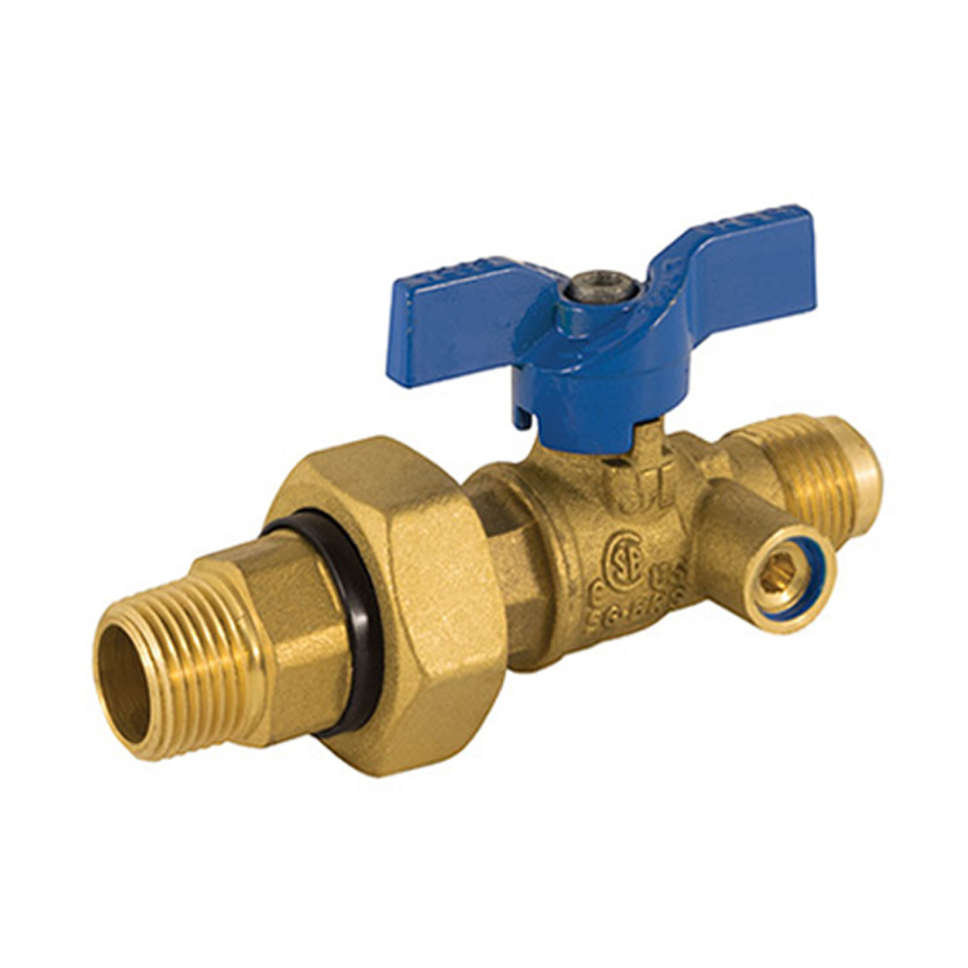 Jomar 102-403DU 1/2 Inch FL x 1/2 Inch MIP 2 Piece Gas Ball Valve, Dielectric Union End, 600 WOG, with Side Tap - Carton of 6