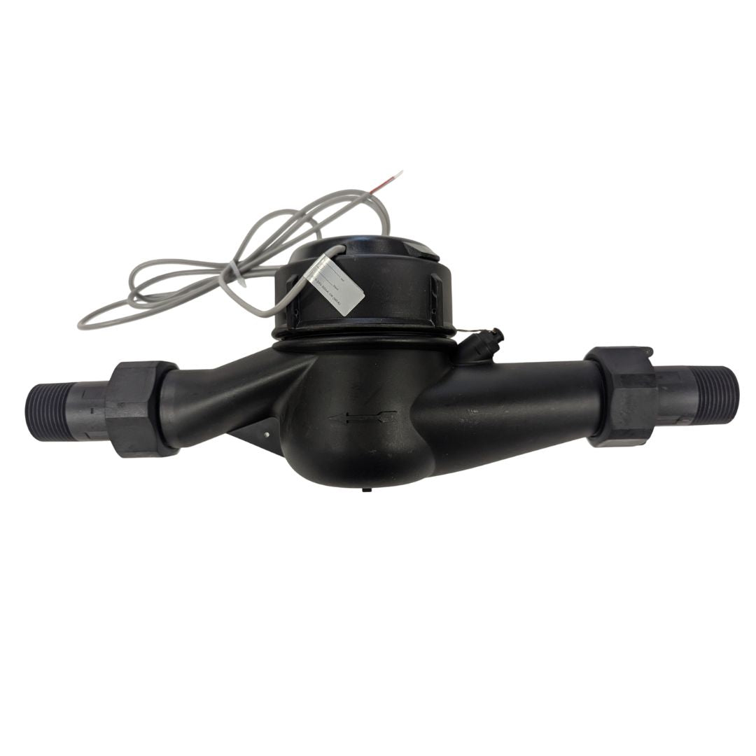 PRM 1 Inch NSF Certified Nylon Totalizing Water Meter, side view with flow direction