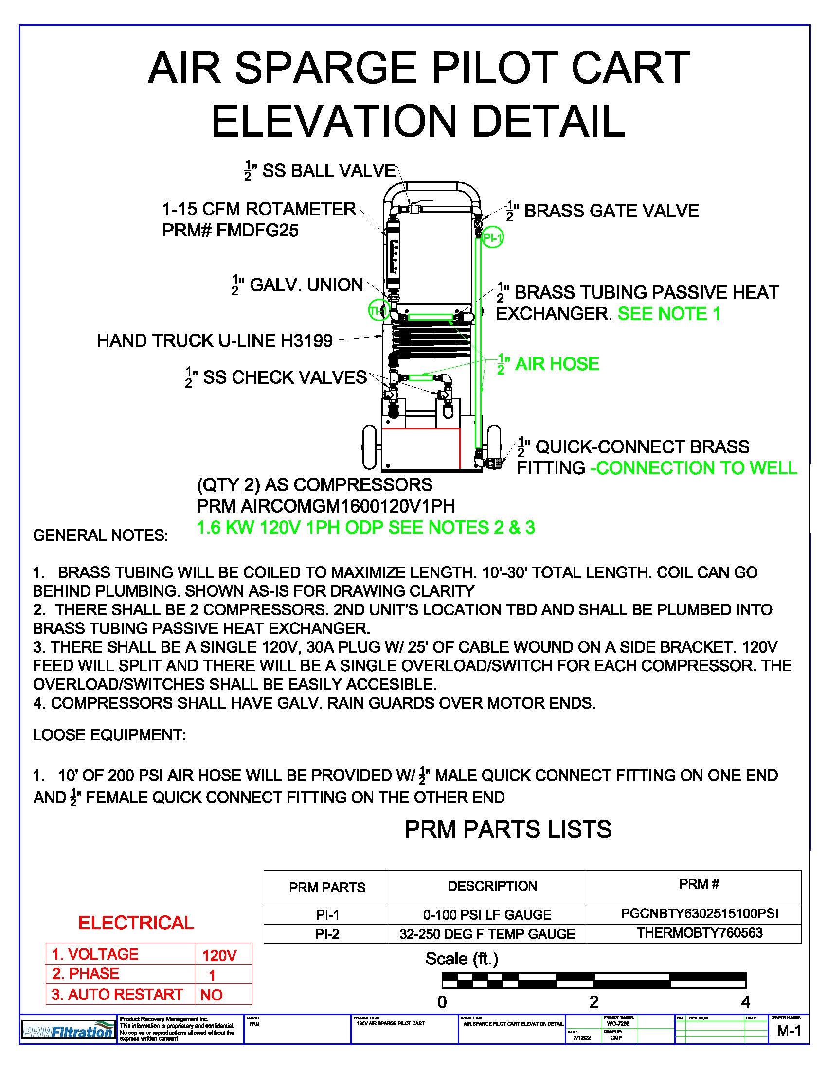RT-7288 Air Sparge Cart with Oil-Free Reciprocating Compressor for Pilot Testing and Remediation