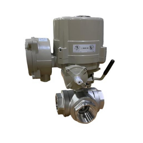 Electric Actuator Stainless Steel 3-Way Ball Valve, 3" Threaded, PTFE Seat, XP