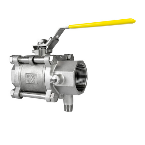 Jomar 501-308 2 Inch Stainless Steel Ball Valve 3 Piece 4 Bolt, Swing Out Body, Full Port, Threaded Connection, 1000 WOG, with Drain Tap