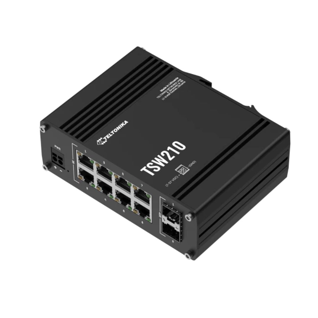 Teltonika TSW210 front view with ethernet and SP ports