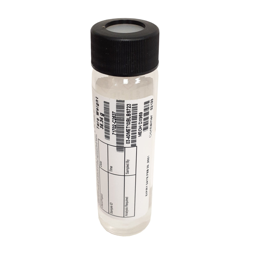 Preserved 40mL Clear VOA Vial, Black Bonded T/S Septa Cap 10mL P&T Methanol w/Tare Weight, Certified w/C.O.A. (72/cs) Greenwood Products 03-40MET10BLBS723